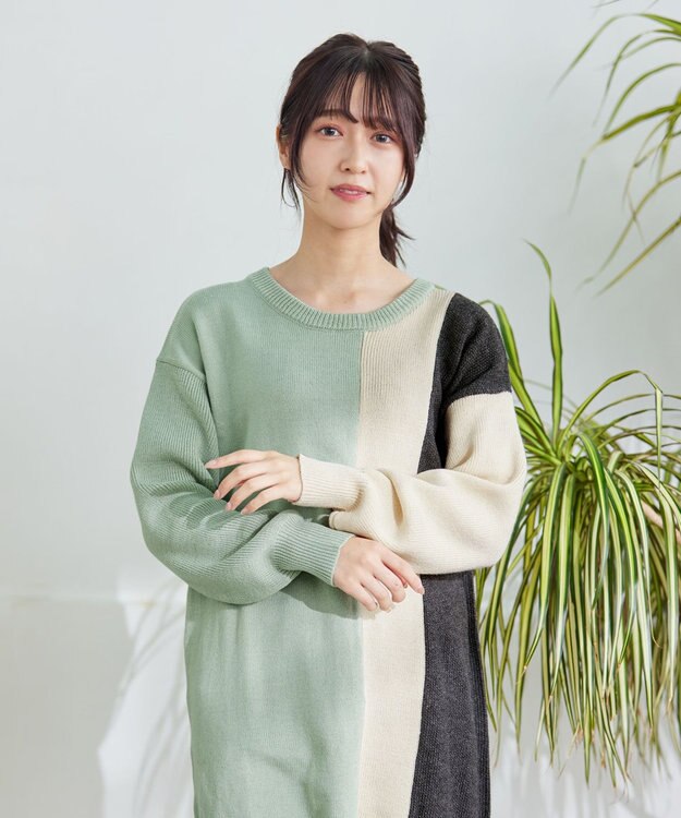 Tiaclasse L 【洗える】配色ニットチュニック ミント