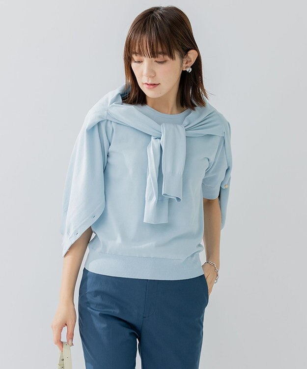 23区 L 【アンサンブル対応/洗える】プレミアム コットン 半袖 プルオーバー スカイブルー系