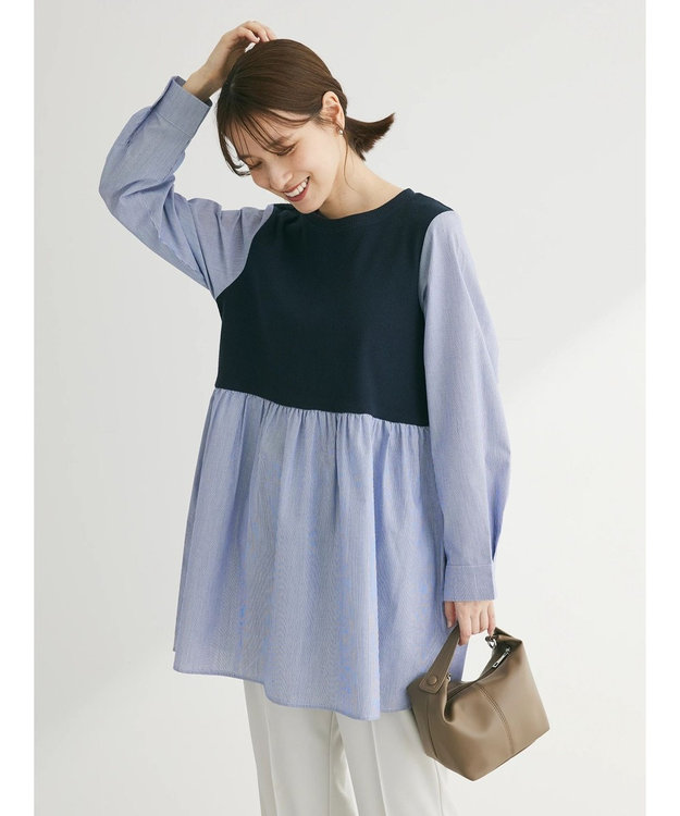 Green Parks リブドッキングカットソーボリュームチュニック Stripe