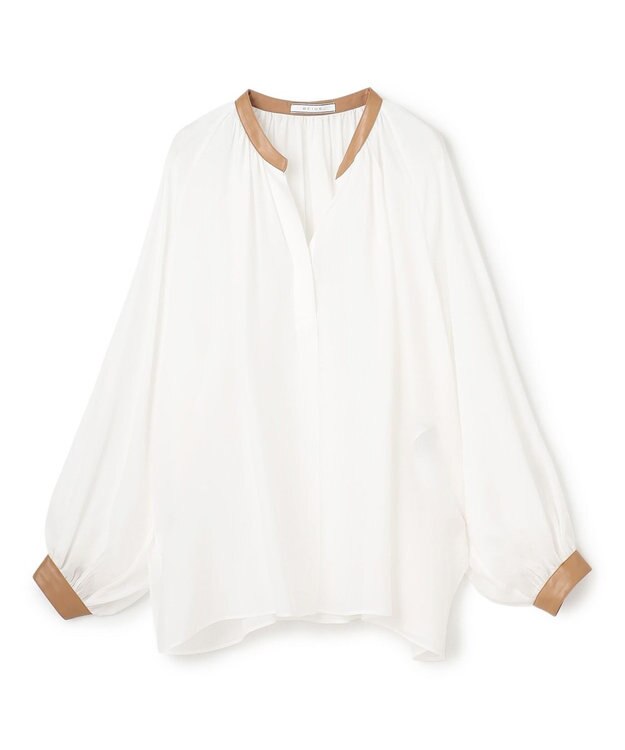 BEIGE， PAULINE / リネンヴィスコースフェイクレザー配色ブラウス White