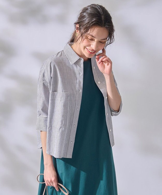 ANY 【洗濯機可能】ダブルポケット クロップドシャツ ストライプ