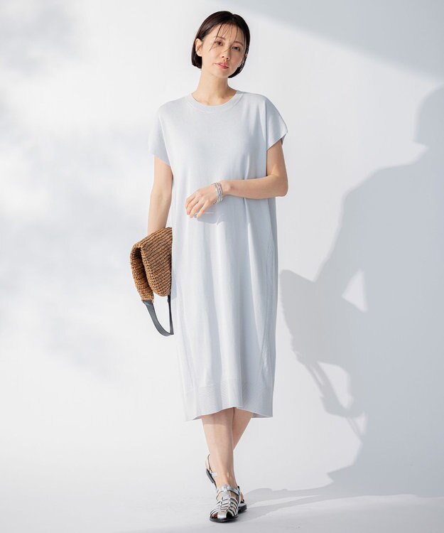 自由区 【洗える】ハイツイストコットンアセテート サマーニットドレス ライトグレー系