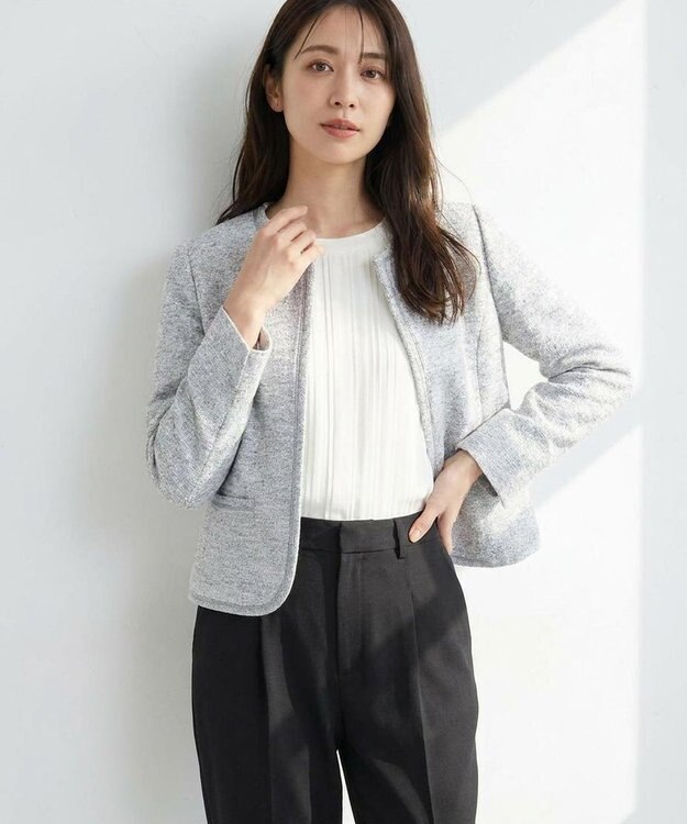 ANY SIS 【洗える】ライトストレッチ ツイード ジャケット グレーシャンブレー
