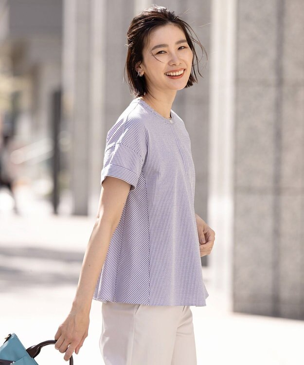 J.PRESS LADIES L 【洗える・抗菌防臭・吸水速乾】サッカージャージー フレンチスリーブ カットソー オフ×ブルー系