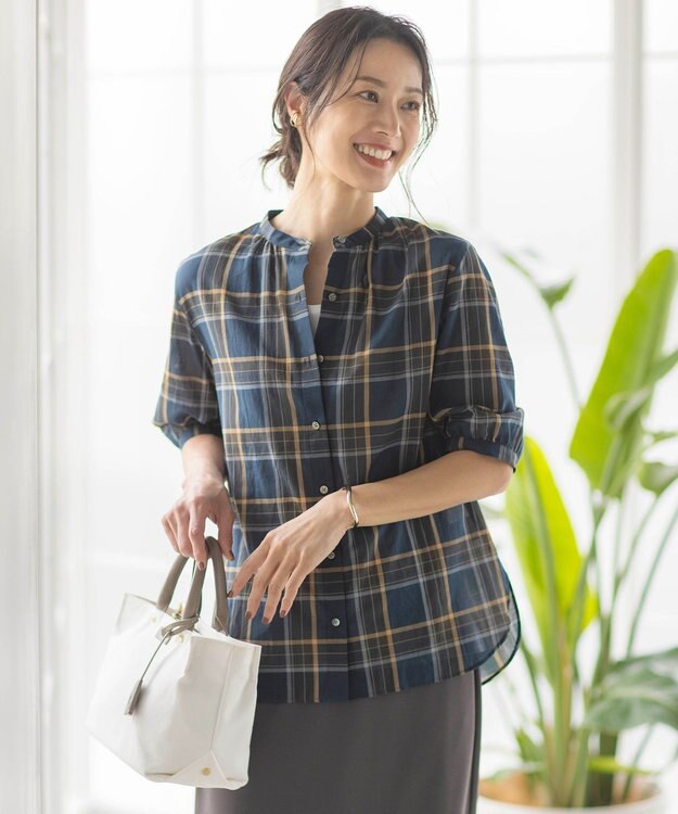 J.PRESS LADIES 【洗える】シアーマドラス バンドカラー ブラウス