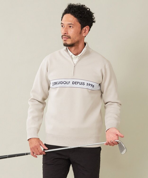 23区GOLF 【MEN】【 蓄熱裏地付き/ウォッシャブル】ロゴ ダブルジャガードニット ライトグレー系