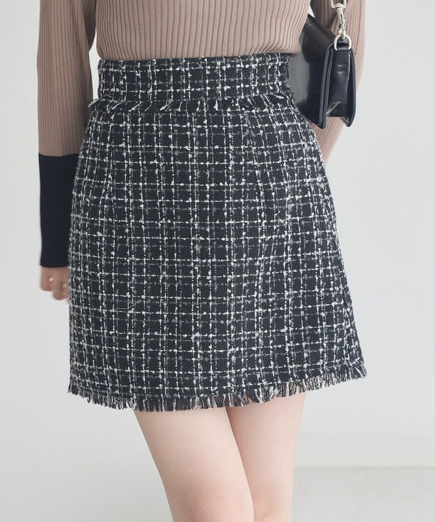 earth music&ecology 【セットアップ可】フリンジツイードミニスカート Black