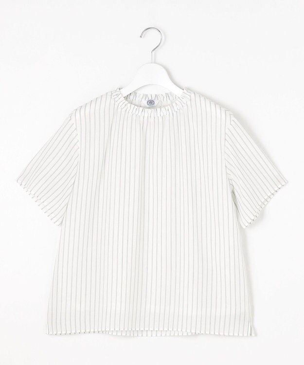 J.PRESS LADIES L 【洗える】シアーストライプ＆チェック ブラウスライク カットソー オフストライプ系