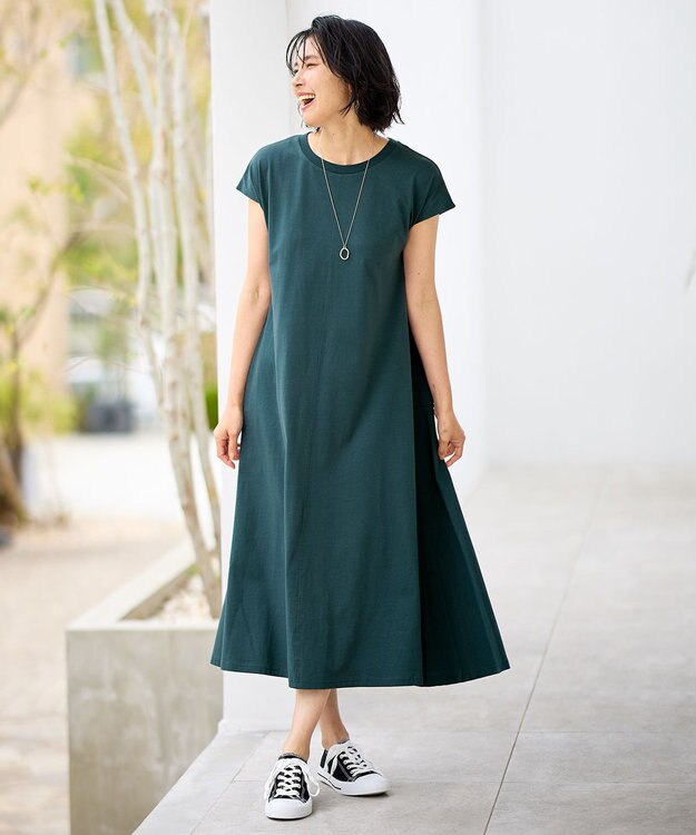ANY 【洗濯機可】フレンチスリーブワンピース グリーン