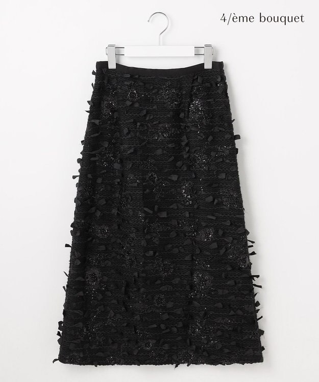 自由区 【カトリエムブーケ】Tweed a fleurs et rubans リボンツイードスカート ブラック