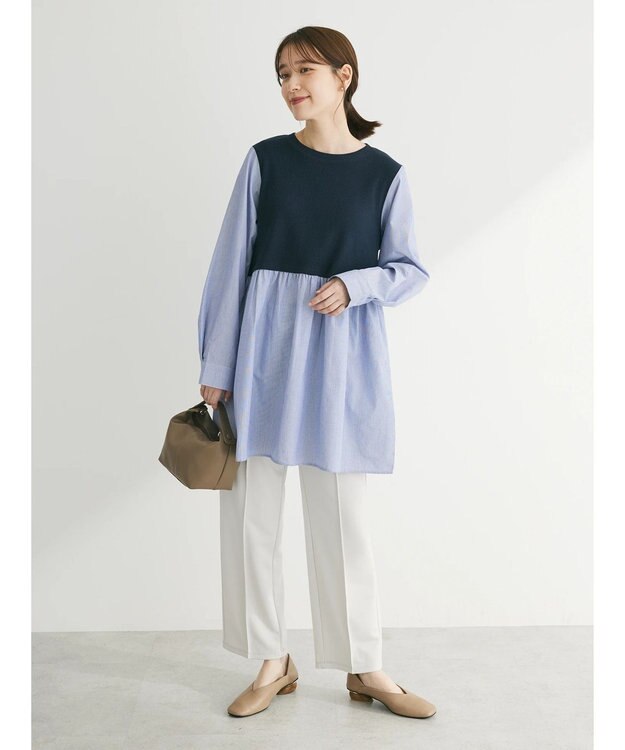 Green Parks リブドッキングカットソーボリュームチュニック Stripe