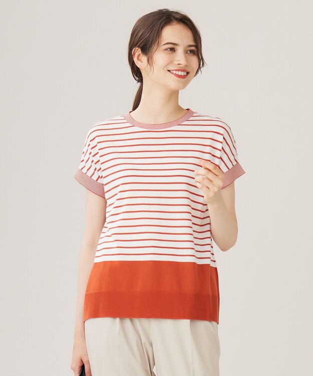 自由区 L 【WEB限定・洗える】ニットソーボーダー トップス キャロット×オフ