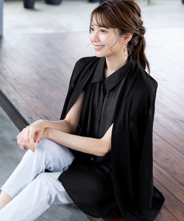 Tiaclasse L 【洗える】フレンチスリーブシャツチュニックブラウス ブラック