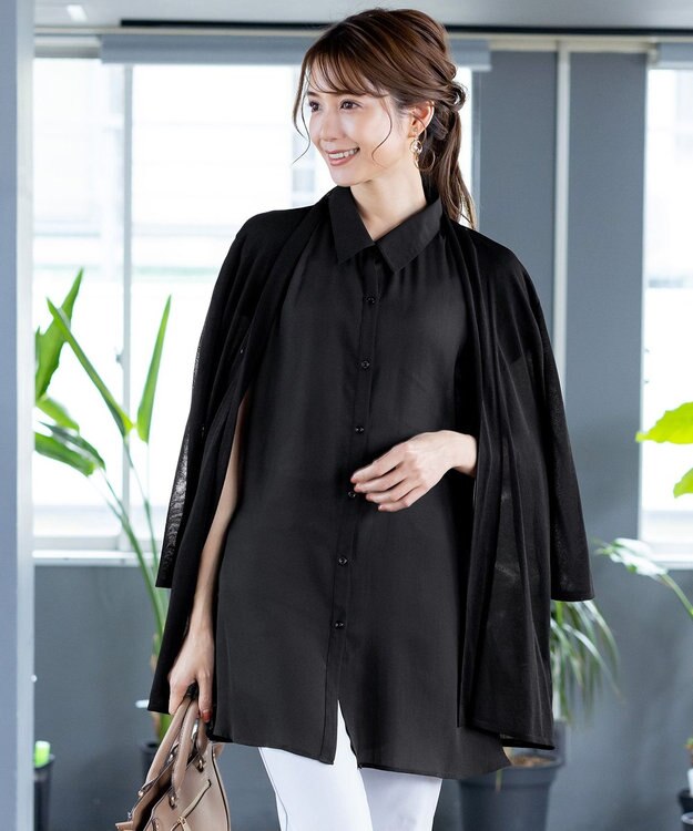 Tiaclasse L 【洗える】フレンチスリーブシャツチュニックブラウス ブラック