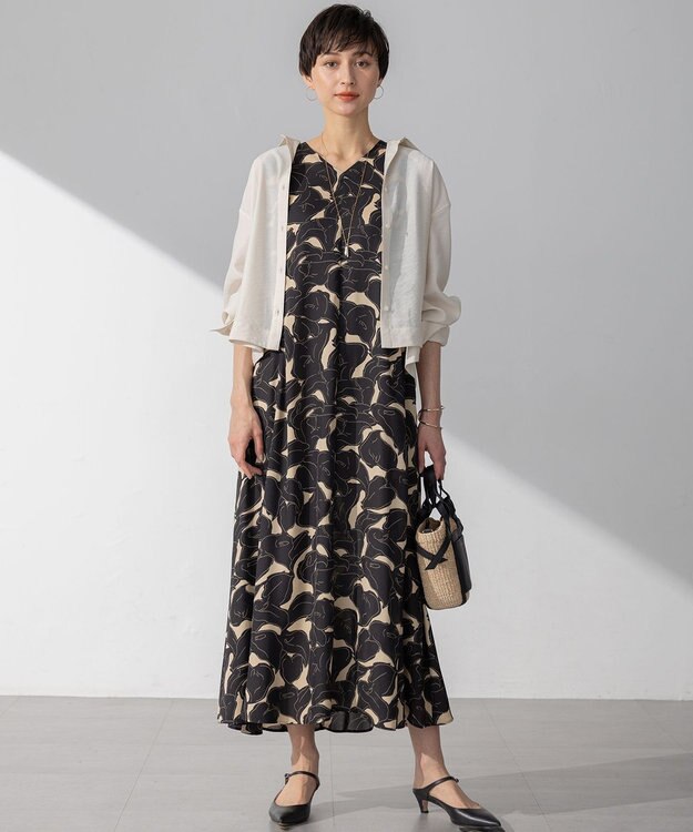 23区 【洗える】Ratti フラワーアートプリント ワンピース ブラックxベージュ