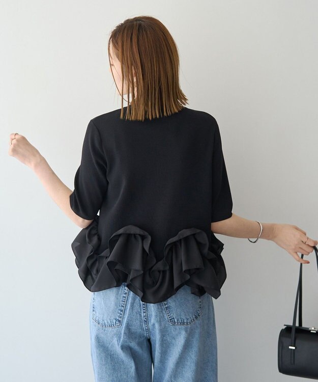 YECCA VECCA パール釦ラッフル5分袖カーディガン Black