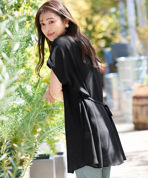 Tiaclasse L 【洗える】フレンチスリーブシャツチュニックブラウス ブラック