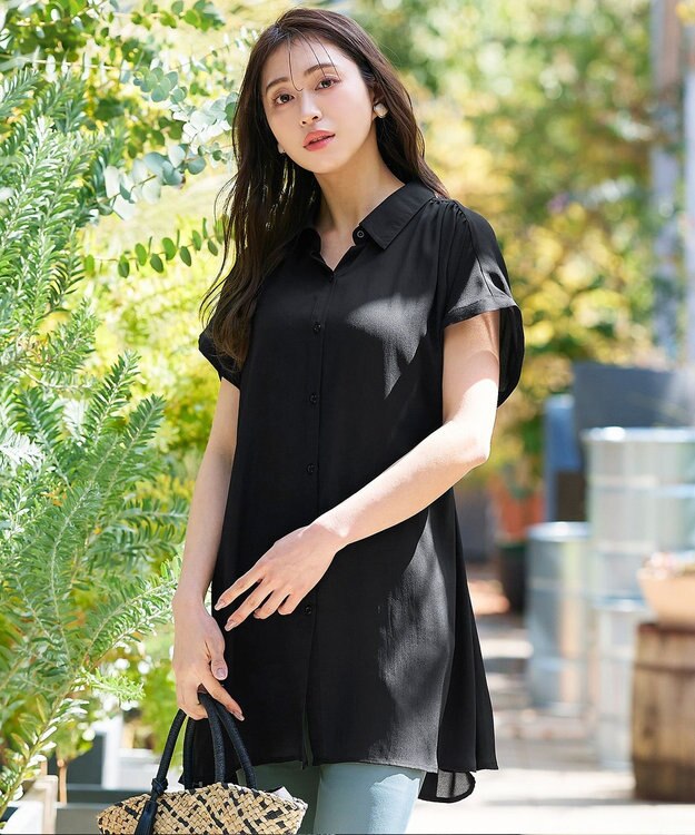 Tiaclasse L 【洗える】フレンチスリーブシャツチュニックブラウス ブラック