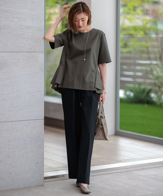 23区 L 【洗える】コットンポンチコンビジャージー ペプラム カットソー カーキ系