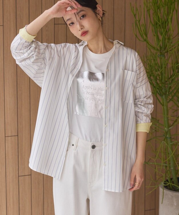 AMERICAN HOLIC イージーケア配色ポイントロングシャツ Stripe Navy