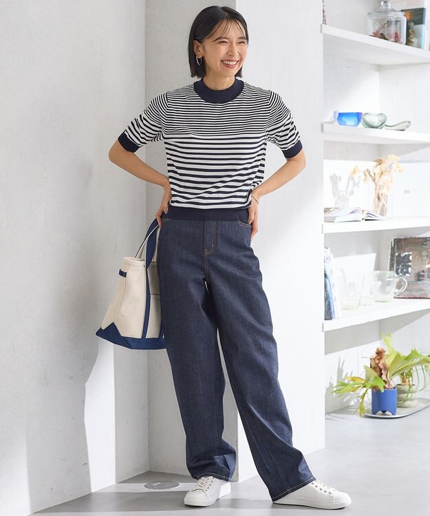 23区 L 【洗える】プレミアムビオコットン 半袖 ボーダー ニット オフホワイトxネイビーボーダー