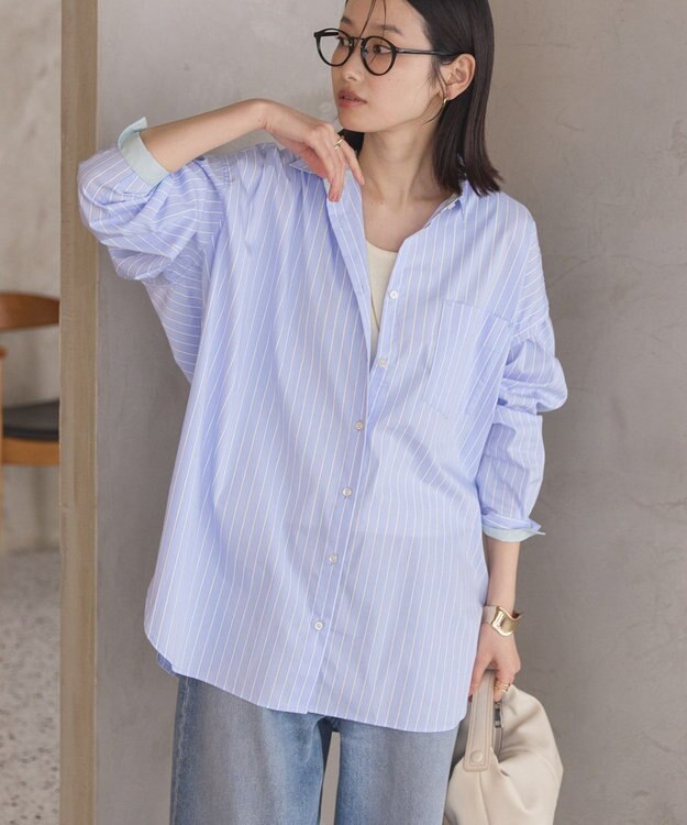 AMERICAN HOLIC イージーケア配色ポイントロングシャツ Stripe Sax