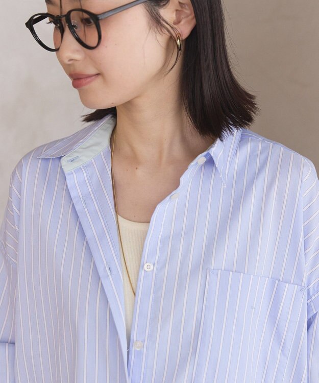 AMERICAN HOLIC イージーケア配色ポイントロングシャツ Stripe Sax