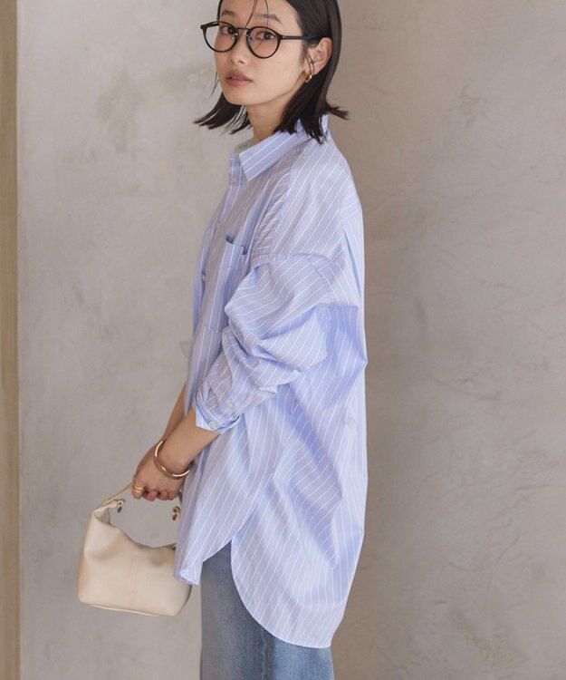 AMERICAN HOLIC イージーケア配色ポイントロングシャツ Stripe Sax