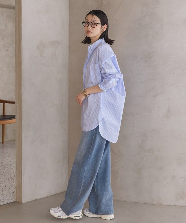 AMERICAN HOLIC イージーケア配色ポイントロングシャツ Stripe Sax