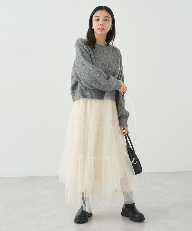 earth music&ecology パール＆ケーブルニットプルオーバー Gray Mixture