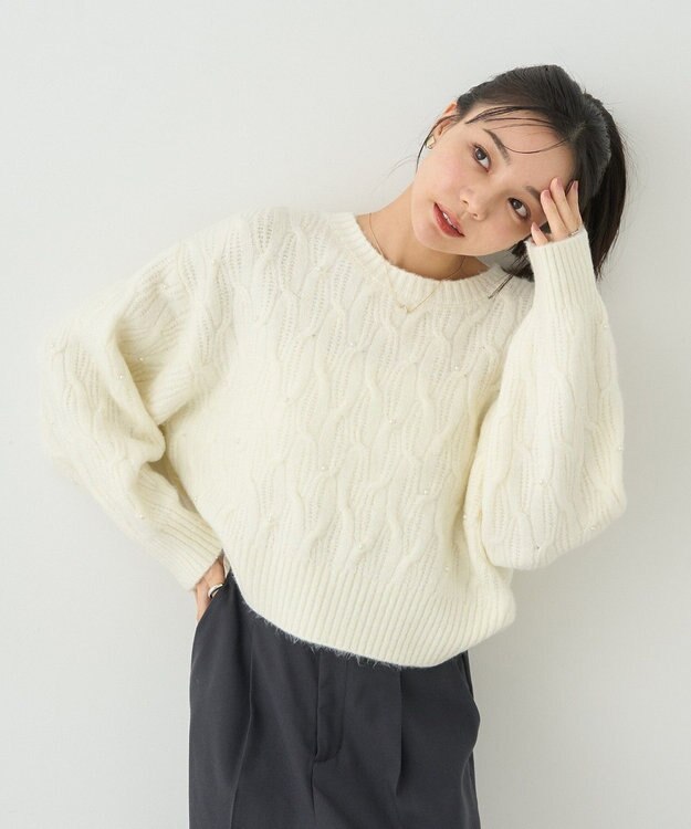 earth music&ecology パール＆ケーブルニットプルオーバー Ivory