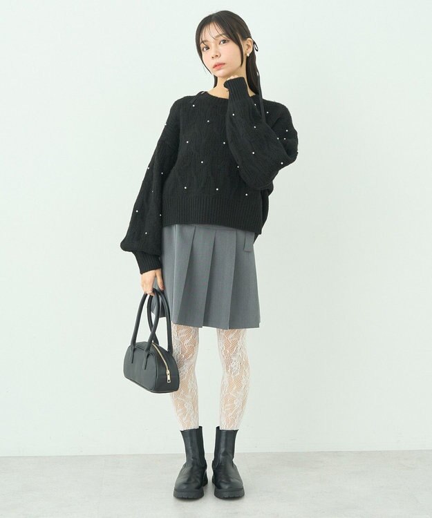 earth music&ecology パール＆ケーブルニットプルオーバー Black