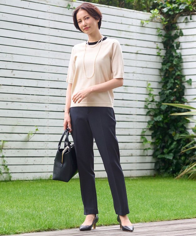 自由区 S 【アンサンブル対応・洗える】ウールシルク5分袖 ニット シャンパンベージュ