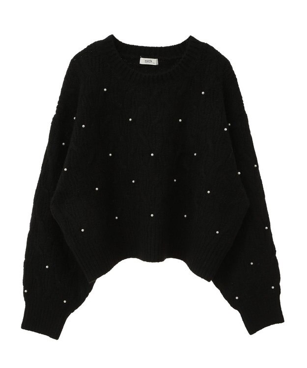 earth music&ecology パール＆ケーブルニットプルオーバー Black