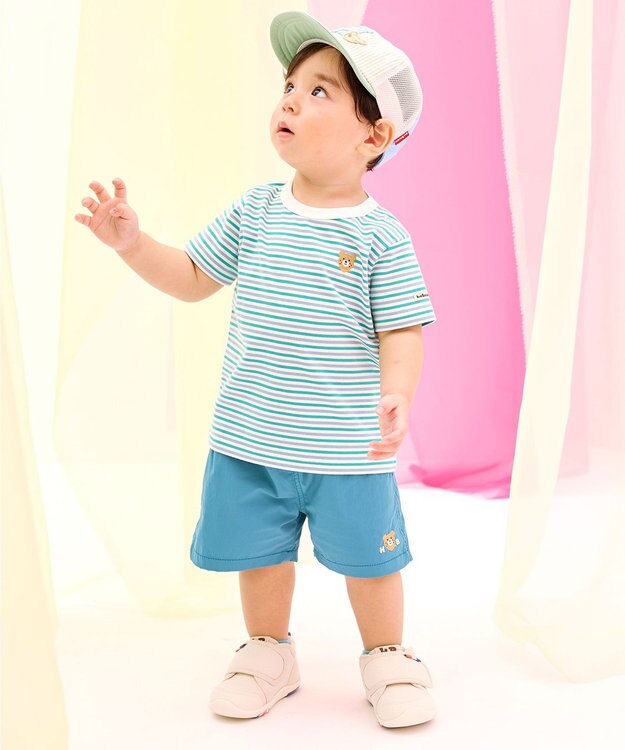 MIKI HOUSE HOT BISCUITS 【70-120cm】 みじんボーダー ワンポイント刺繍 半袖Tシャツ グリーン