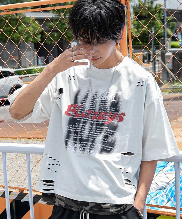 WEGO 【機能T】接触冷感メッシュレイヤードダメージT(SS) ホワイト