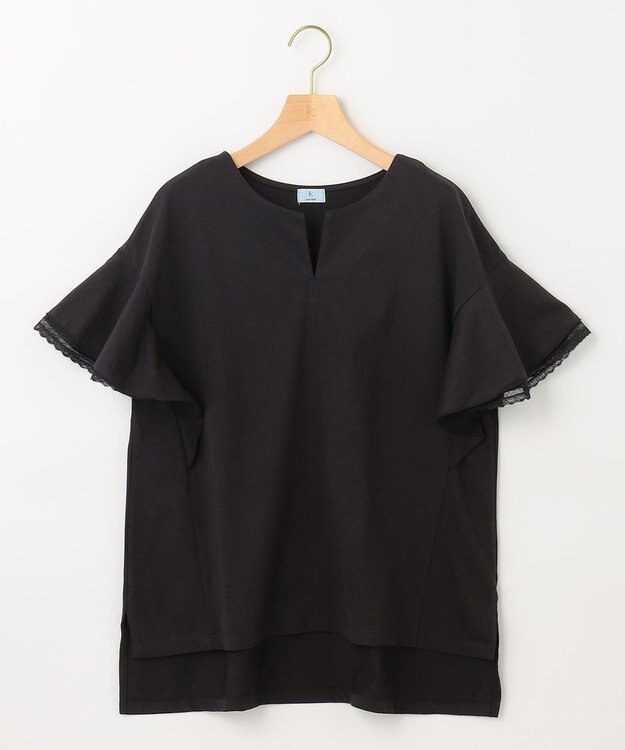 組曲 【汗ジミ防止・撥水】GIZAプレーティング天竺袖フリル カットソー ブラック系