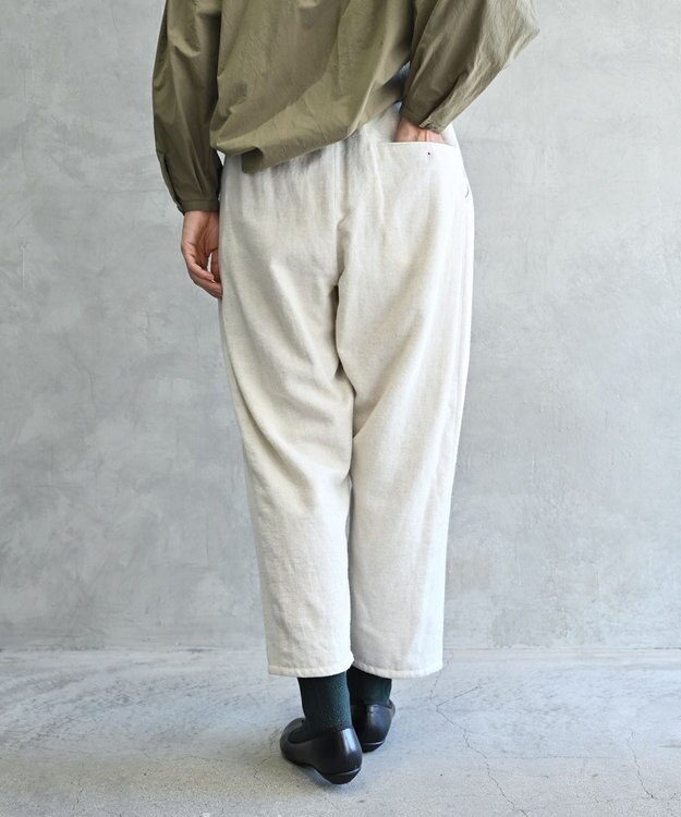 muuc 〈軽やかな尾州産リネンウール〉スラックスパンツ  　ロングシーズン 秋冬春 後ろウエストゴム有り ゆったりシルエット セットアップ可能  裏地有り ベージュ