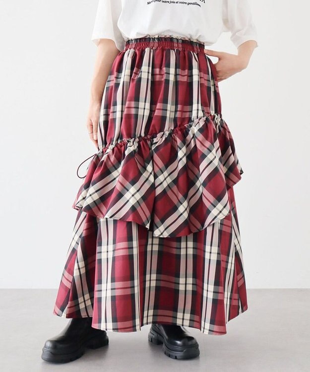 Green Parks ・ＳＵＧＡＲＳＰＯＯＮチェックドロストティアードスカー Bordeaux