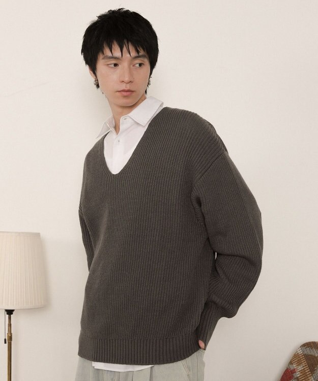 WEGO エルボーパッチVネックプルオーバー グレー