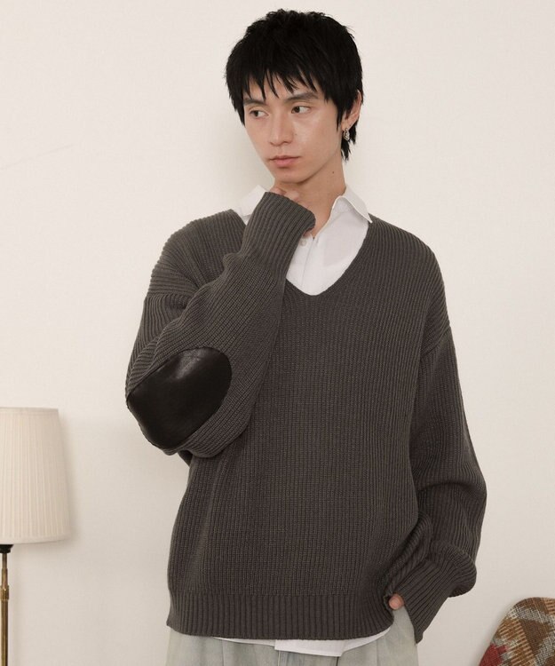 WEGO エルボーパッチVネックプルオーバー グレー