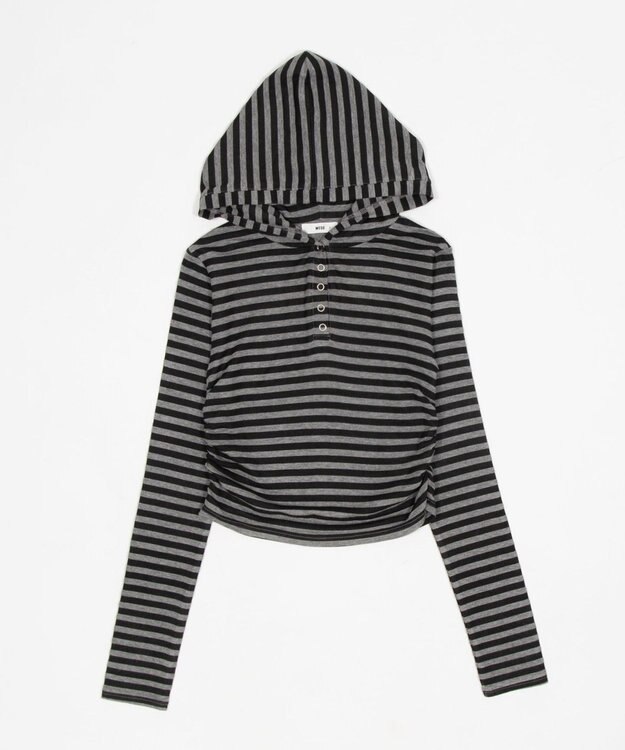 WEGO ヘンリーネックフードロンT グレーボーダー