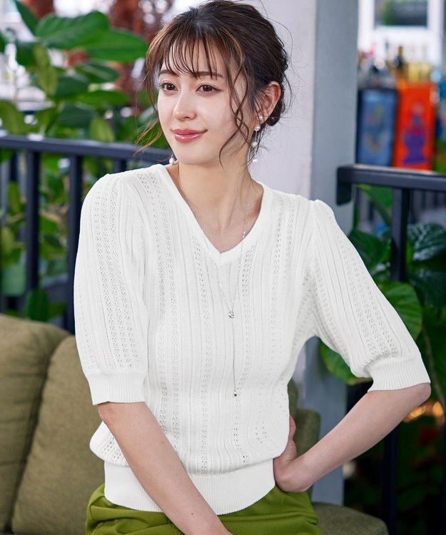 Tiaclasse L 【洗える】パフスリーブ透かし編みニットトップス オフホワイト