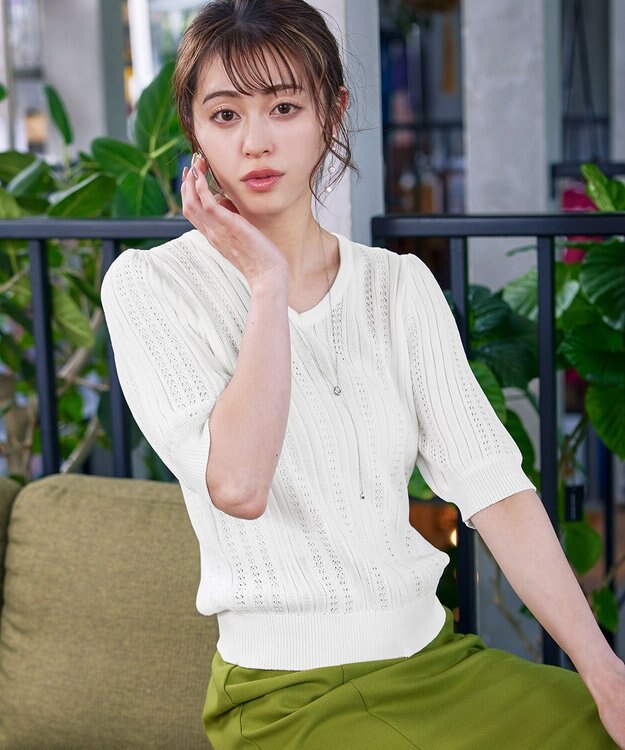 Tiaclasse L 【洗える】パフスリーブ透かし編みニットトップス オフホワイト