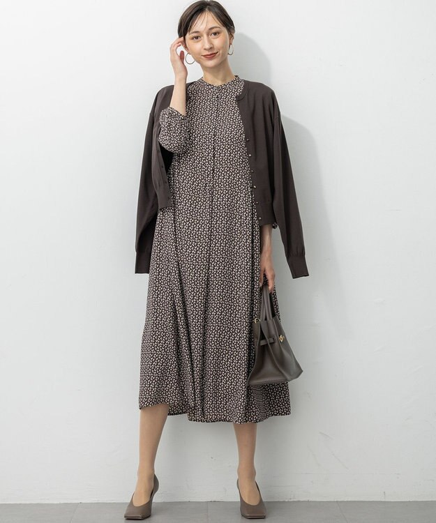 23区 L 【洗える】モダンジオメトリックプリント ワンピース ダークブラウン系