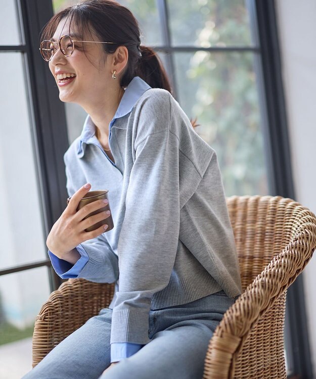 ANY L ファブリックコンビスキッパーニット ライトグレー×ブルー