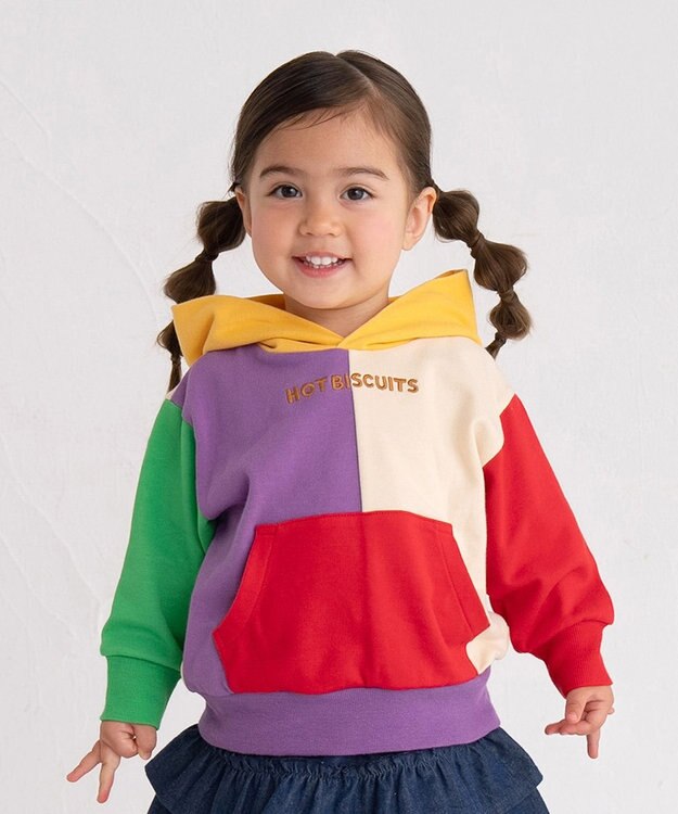 MIKI HOUSE HOT BISCUITS 【80-120cm】 マルチカラー配色切り替え ロゴパーカー マルチカラー