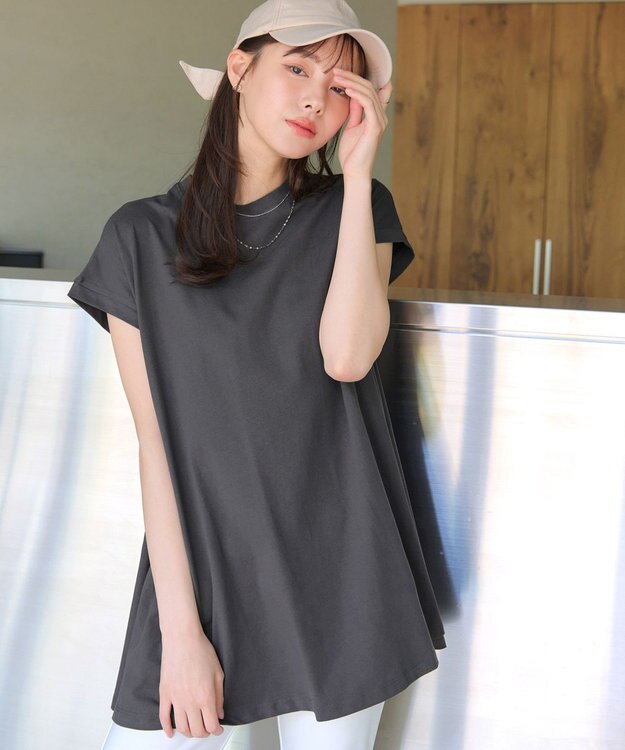 Tiaclasse 【接触冷感】 フレンチスリーブフレアカットソー チャコールグレー