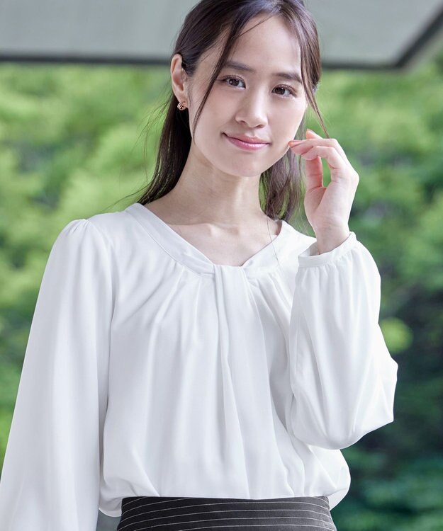 Tiaclasse 【スマート裏起毛】 ボウタイ風ブラウス オフホワイト