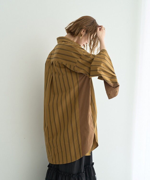 YECCA VECCA 2way袖デザインロングシャツ Stripe Camel